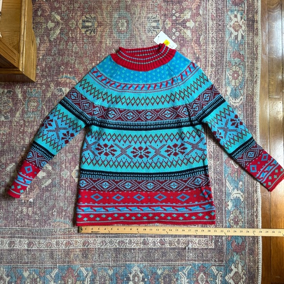 Women’s Large Colorful Teal Blue Red Fair Isle Sweater - Picture 1 of 11